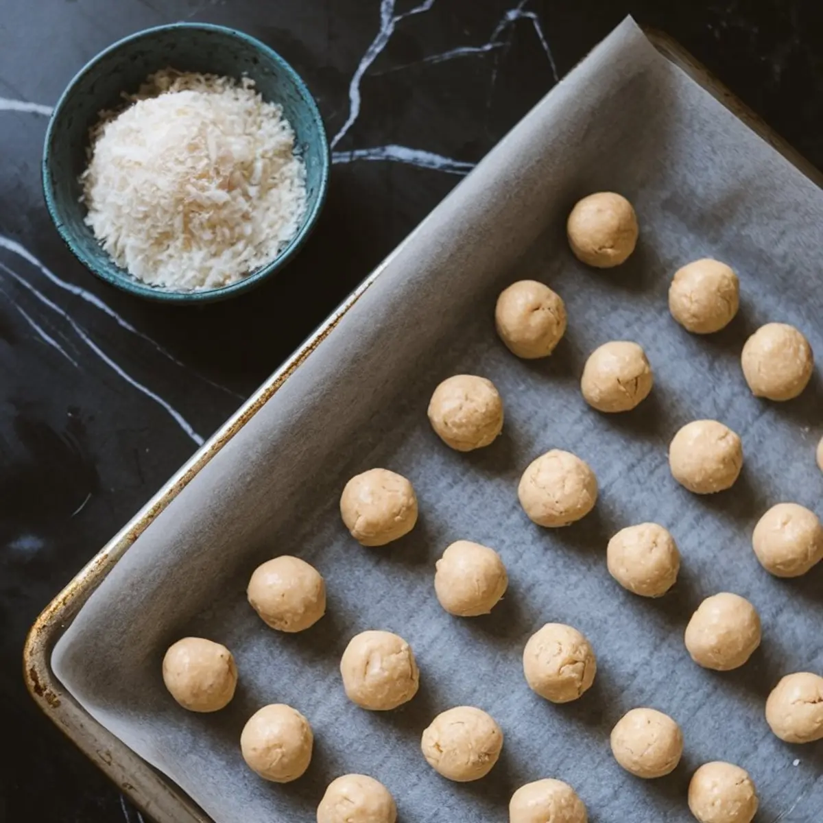 Round cookie dough balls arranged in rows on a parchment-lined baking sheet, with a small bowl of shredded coconut on a black marble countertop.