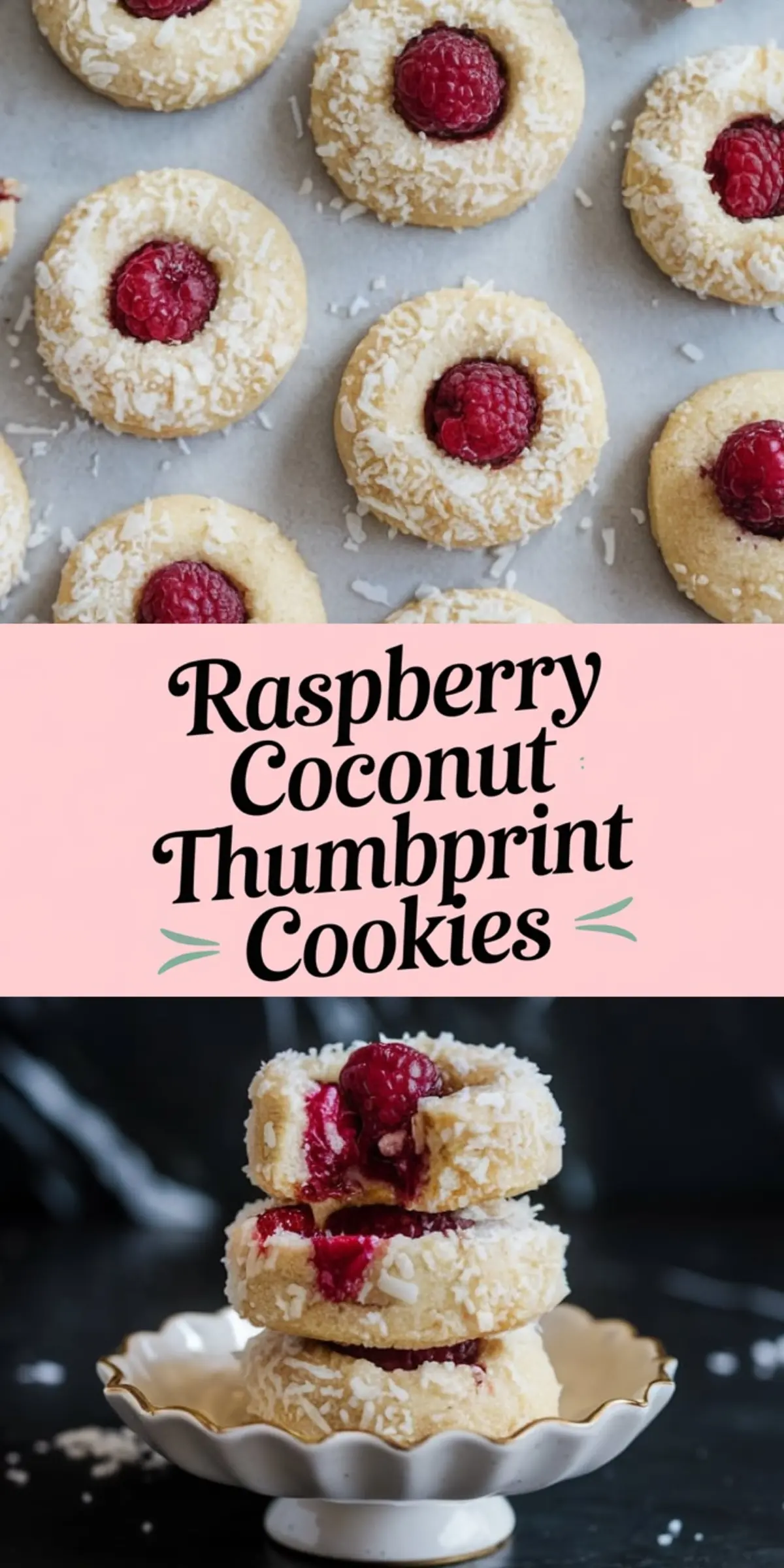 Top view of raspberry coconut thumbprint cookies with shredded coconut rims and fresh raspberries in the center. Bottom view shows a stack of three cookies on a white scalloped dish with text overlay reading “Raspberry Coconut Thumbprint Cookies.”