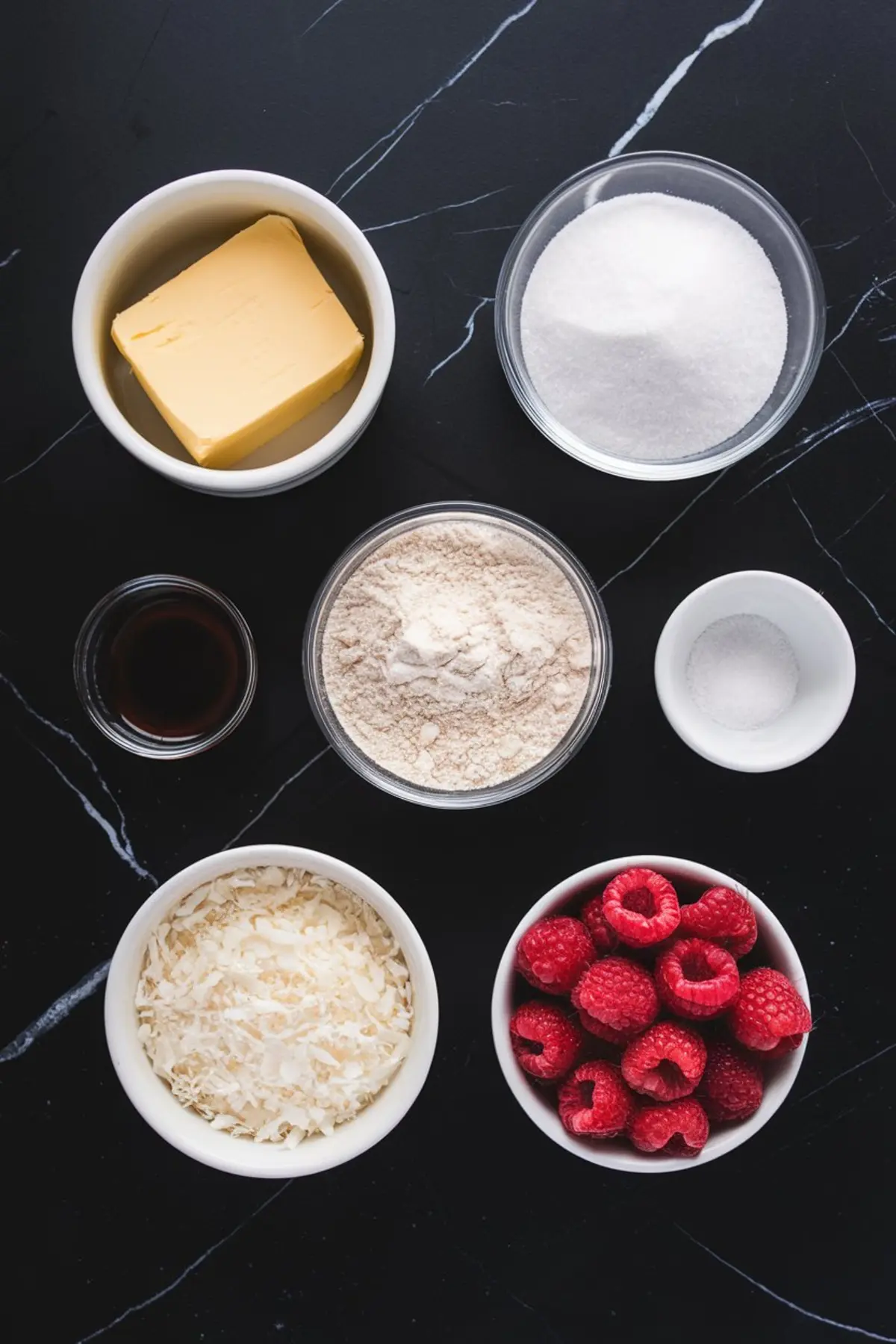 Flat lay of baking ingredients on a black marbled surface, including butter, sugar, flour, shredded coconut, fresh raspberries, vanilla extract, and salt in small bowls.