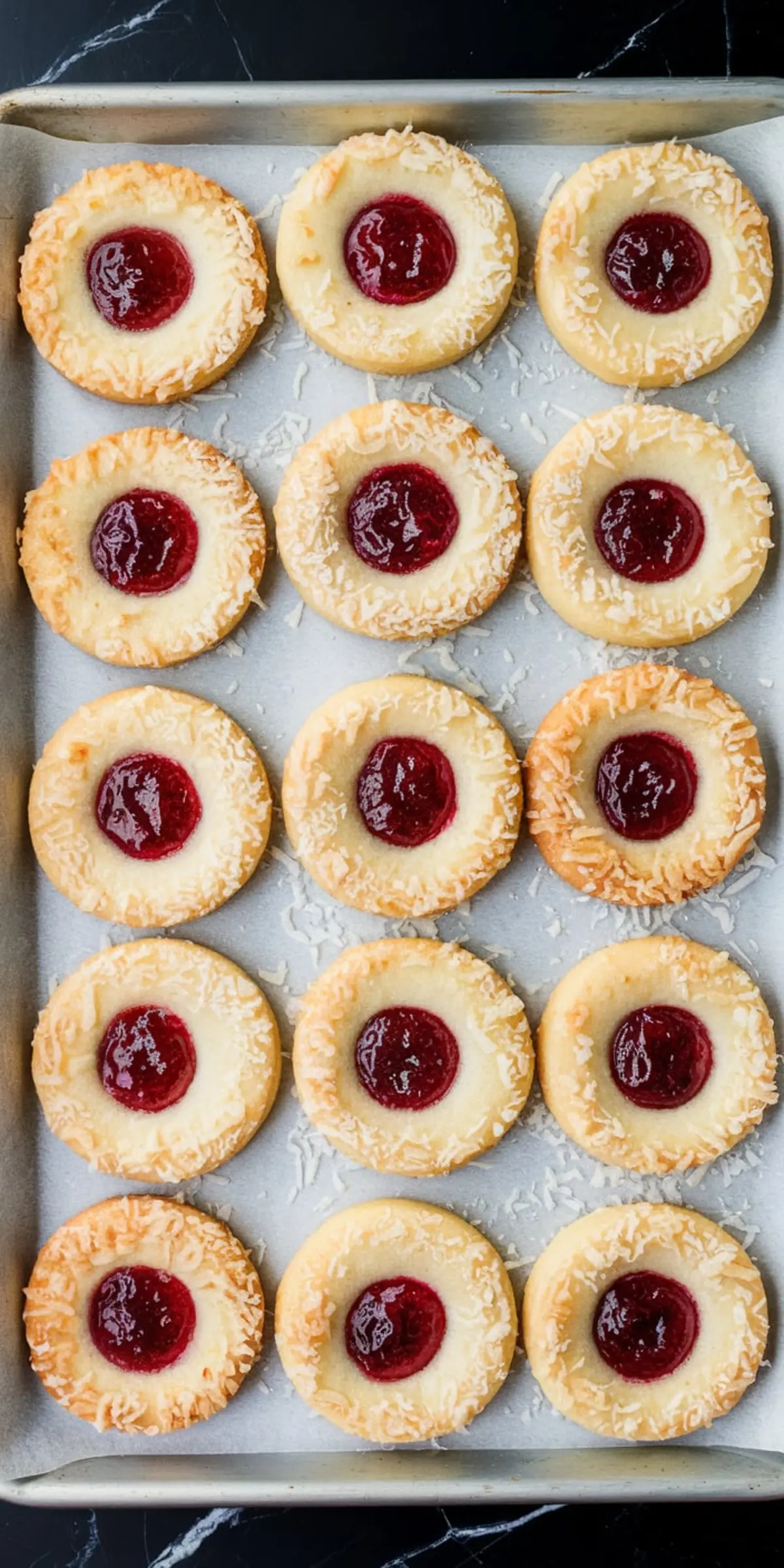 Baking tray filled with raspberry coconut thumbprint cookies featuring golden edges and glossy raspberry jam centers, arranged in neat rows over a parchment-lined sheet.