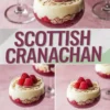 Scottish cranachan desserts served in rounded stem glasses, featuring thick layers of cream, raspberry sauce, and oats, finished with a topping of plump raspberries, styled on a textured pink surface with spoons and loose oats around.