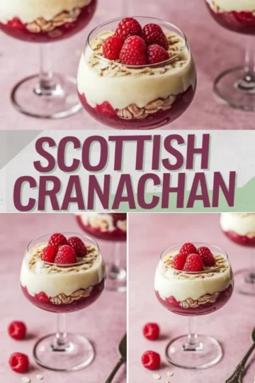 Scottish cranachan desserts served in rounded stem glasses, featuring thick layers of cream, raspberry sauce, and oats, finished with a topping of plump raspberries, styled on a textured pink surface with spoons and loose oats around.