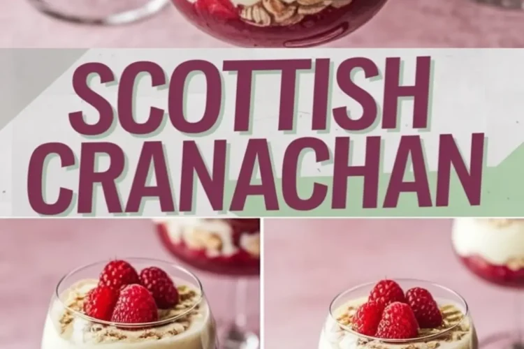 Scottish cranachan desserts served in rounded stem glasses, featuring thick layers of cream, raspberry sauce, and oats, finished with a topping of plump raspberries, styled on a textured pink surface with spoons and loose oats around.