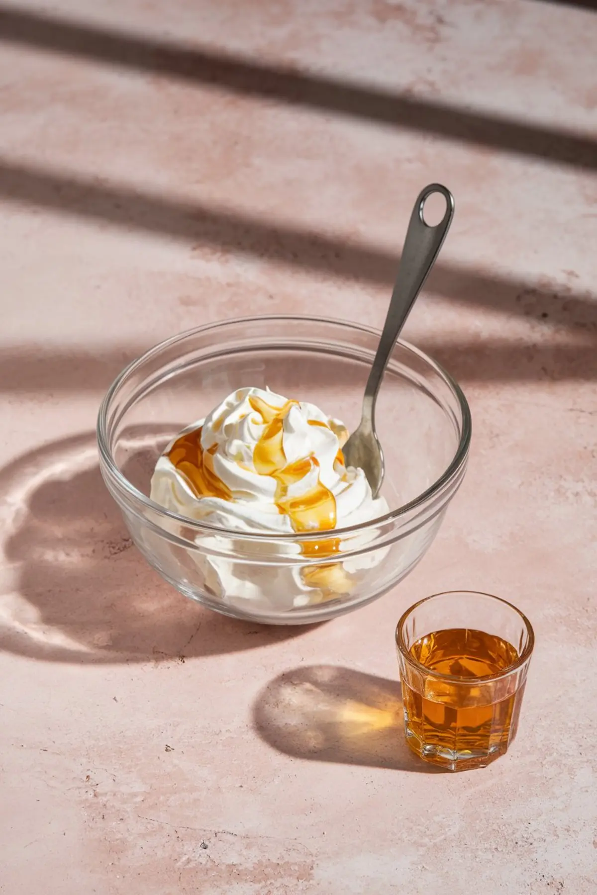 Glass mixing bowl of whipped cream drizzled with golden Scotch whisky, next to a small glass filled with whisky, placed on a sunlit pink surface, highlighting an essential step in making traditional cranachan cream.