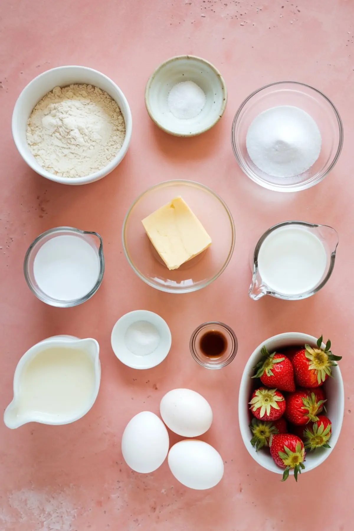 Flat lay of baking ingredients on a pink surface, including flour, sugar, butter, milk, cream, eggs, strawberries, salt, baking powder, and vanilla extract arranged in small bowls and measuring cups.