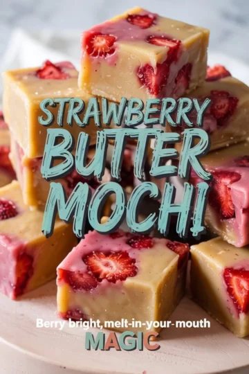 Close-up of sliced strawberry butter mochi squares stacked on a wooden platter, showing the glossy, chewy texture with visible strawberry chunks and bold text overlay describing the dessert.