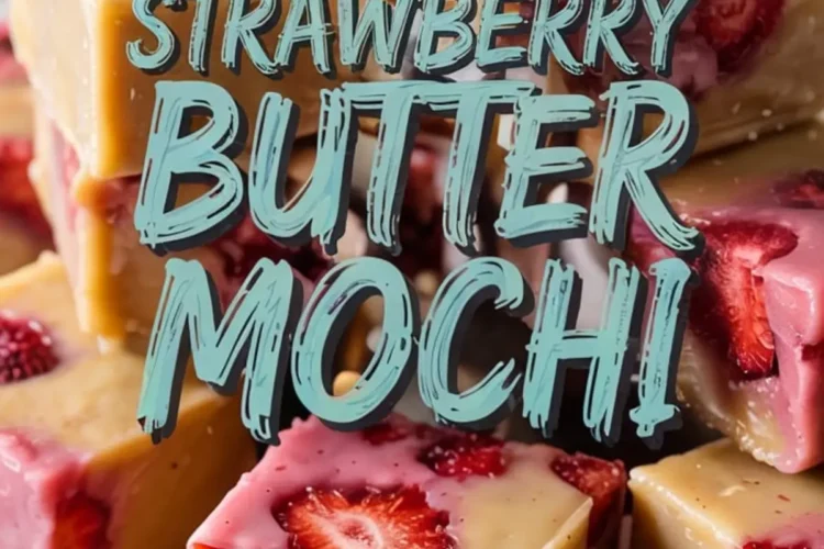 Close-up of sliced strawberry butter mochi squares stacked on a wooden platter, showing the glossy, chewy texture with visible strawberry chunks and bold text overlay describing the dessert.