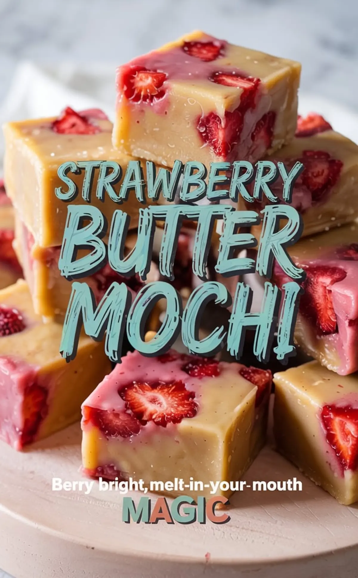 Close-up of sliced strawberry butter mochi squares stacked on a wooden platter, showing the glossy, chewy texture with visible strawberry chunks and bold text overlay describing the dessert.