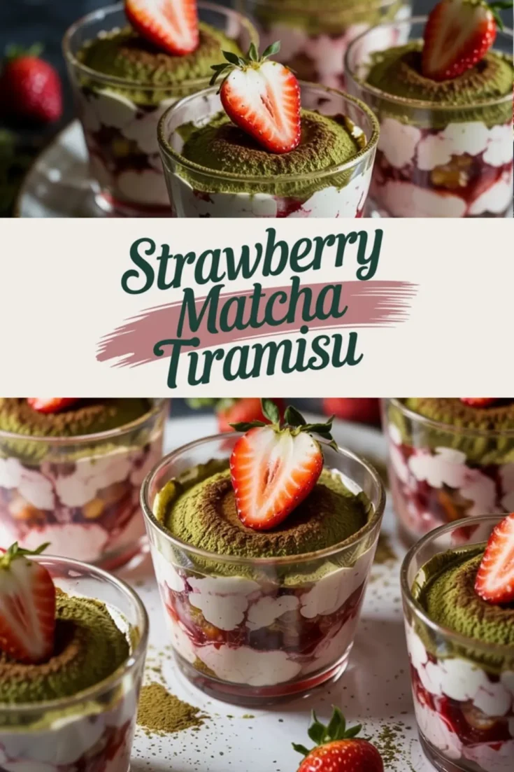Two views of strawberry matcha tiramisu served in individual glass cups, showing layers of whipped mascarpone, matcha-dusted sponge, and strawberry compote. Topped with halved strawberries and surrounded by fresh fruit on a white plate.