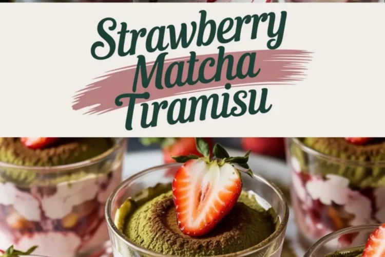 Two views of strawberry matcha tiramisu served in individual glass cups, showing layers of whipped mascarpone, matcha-dusted sponge, and strawberry compote. Topped with halved strawberries and surrounded by fresh fruit on a white plate.