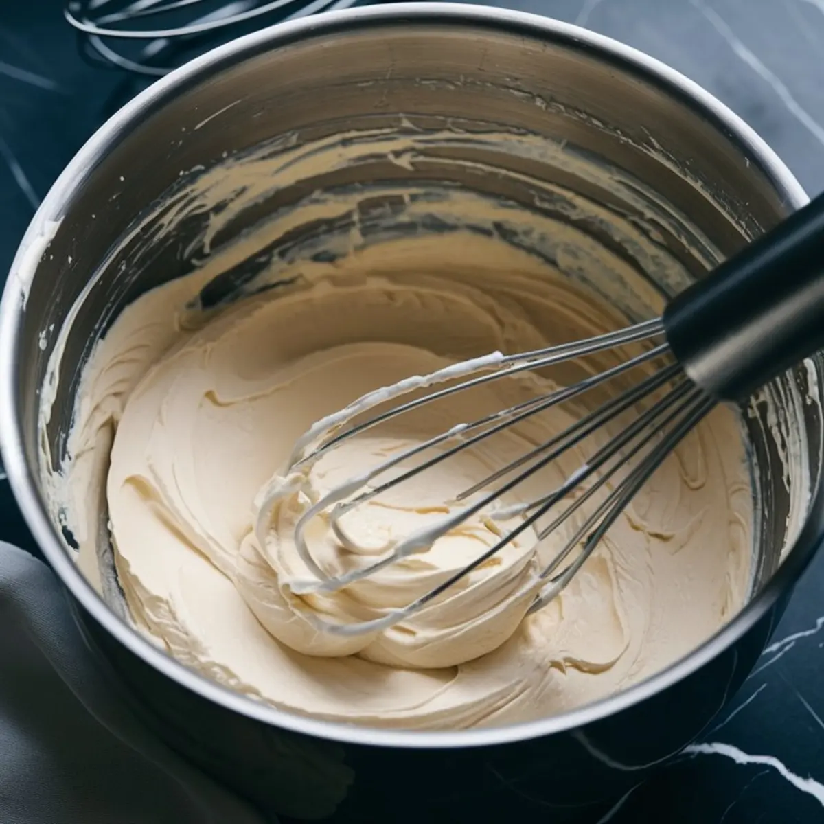 Close-up of a metal mixing bowl filled with smooth mascarpone cream mixture, with a whisk resting inside. Set on a dark marble countertop.