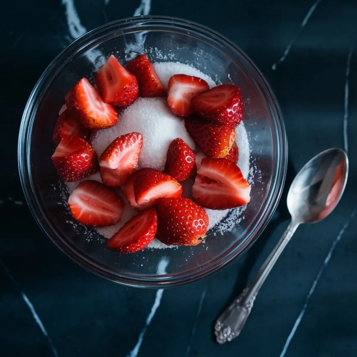 Glass bowl containing halved fresh strawberries coated in granulated sugar, next to a vintage silver spoon. Placed on a dark marble counter.