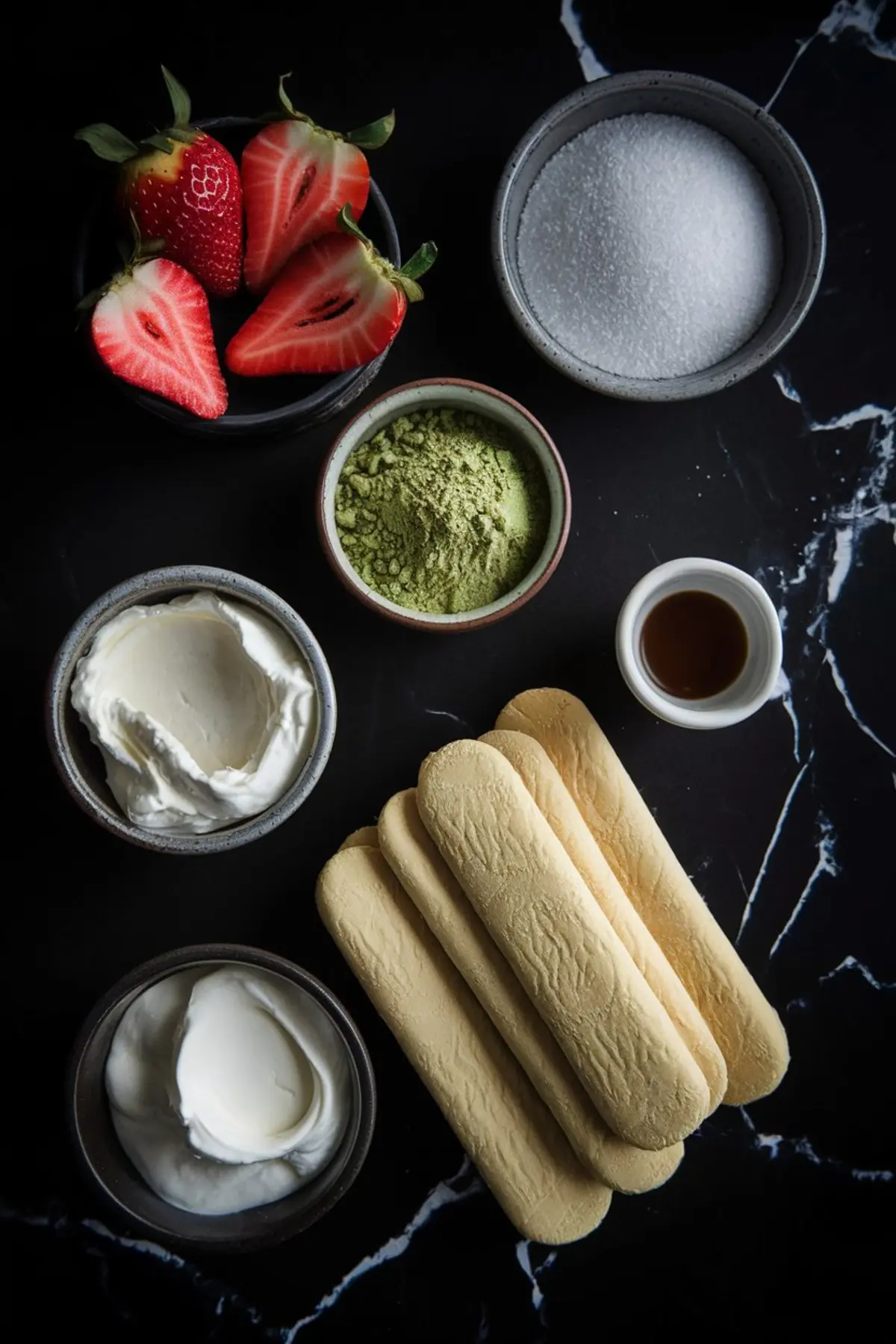 Flat lay of strawberry matcha tiramisu ingredients including halved strawberries, granulated sugar, matcha powder, mascarpone cheese, whipped cream, ladyfinger biscuits, and vanilla extract, arranged on a dark marble surface.