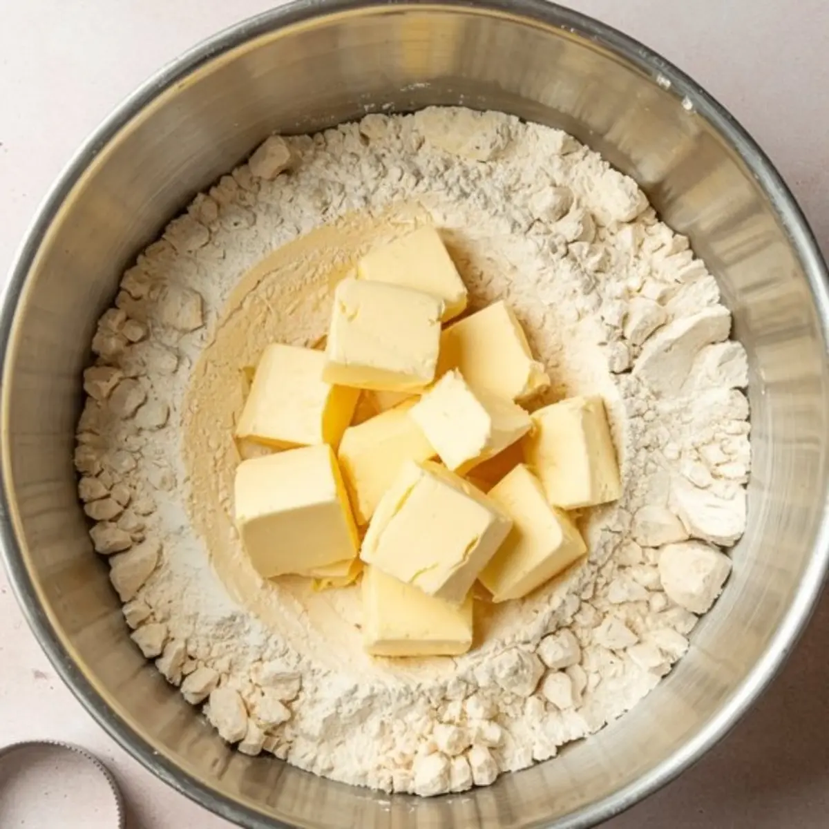 Close-up of cold butter cubes added to a bowl of flour, ready to be mixed for biscuit dough preparation on a light kitchen surface.
