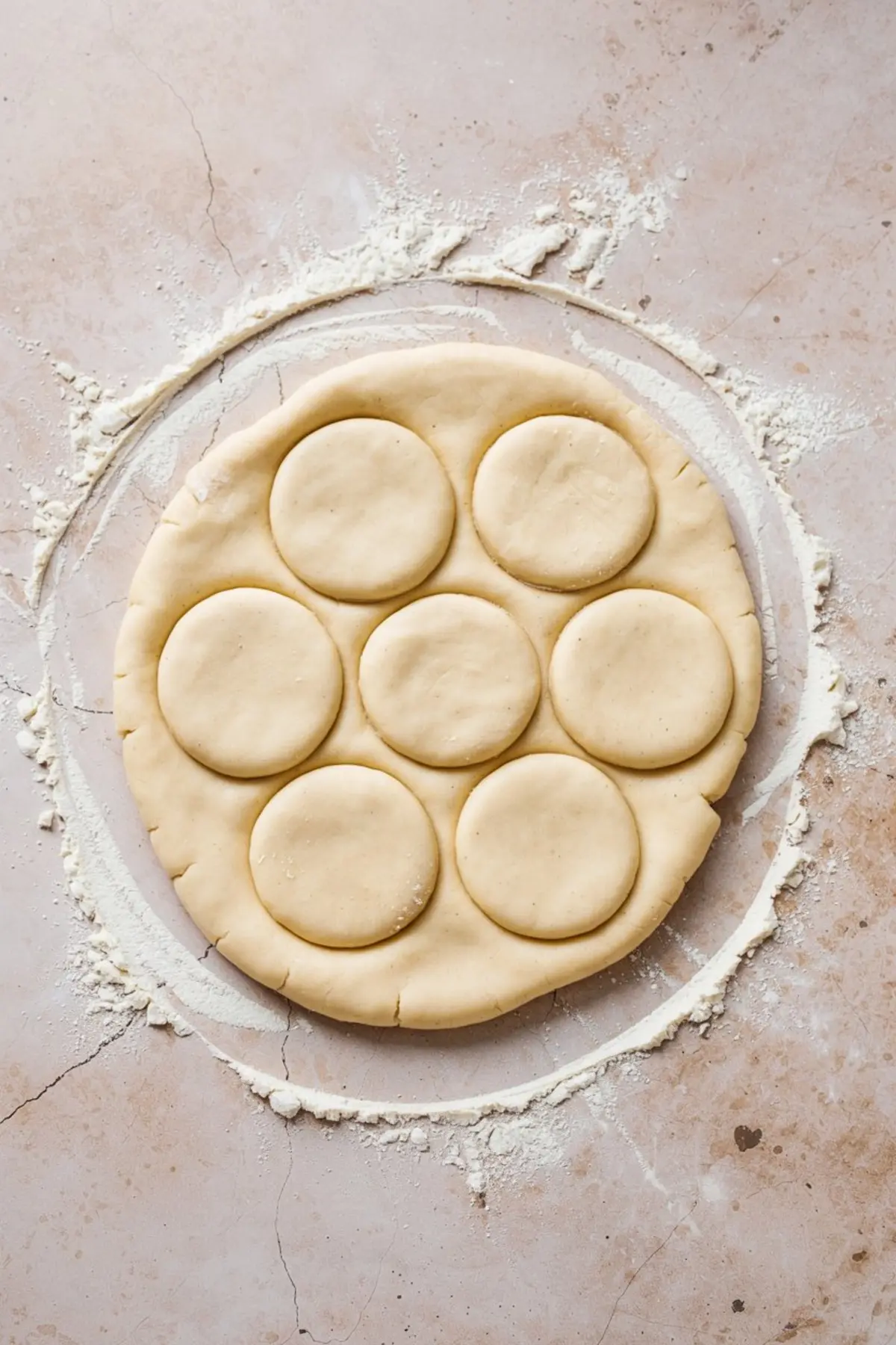 Top view of rolled biscuit dough with round biscuit shapes cut out, set on a floured surface ready for baking.