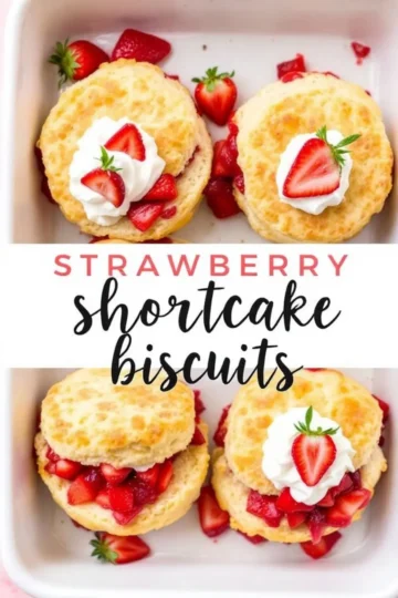 Flat lay of four golden strawberry shortcake biscuits in a white baking dish, each layered with macerated strawberries and topped with whipped cream and halved strawberries.