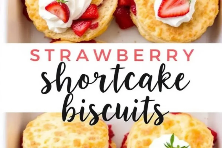 Flat lay of four golden strawberry shortcake biscuits in a white baking dish, each layered with macerated strawberries and topped with whipped cream and halved strawberries.