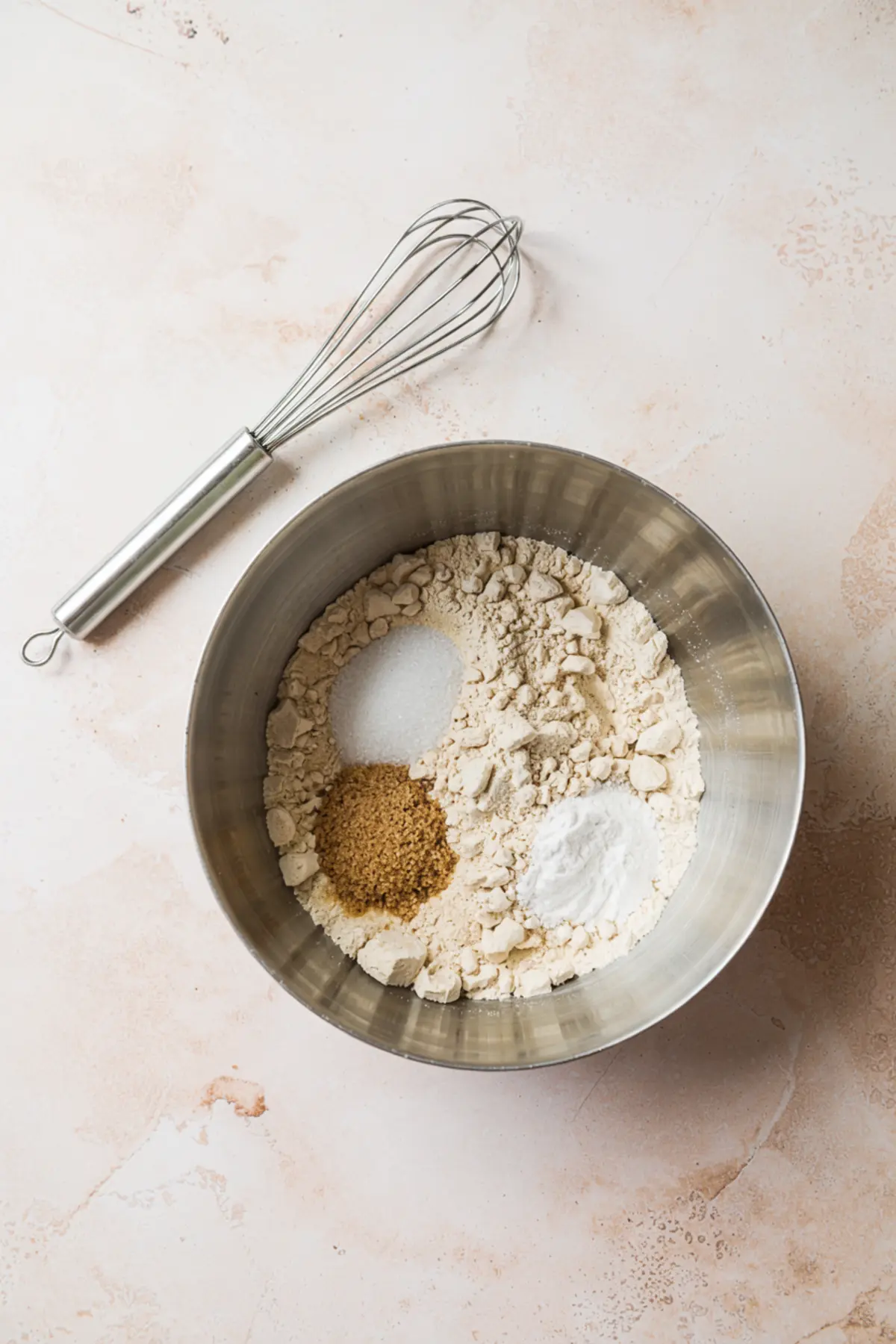 Dry ingredients including flour, granulated sugar, brown sugar, and baking powder in a large mixing bowl with a metal whisk resting beside it on a light countertop.