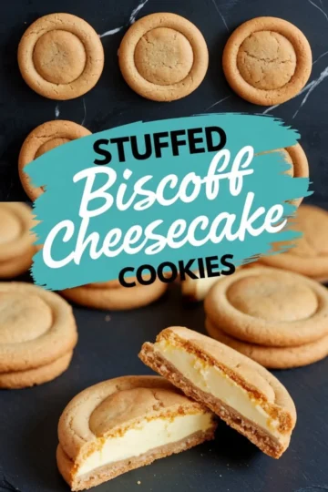 Close-up of stuffed Biscoff cheesecake cookies arranged on a dark slate surface, with one cookie cut open to reveal a creamy cheesecake filling inside a golden brown cookie shell.