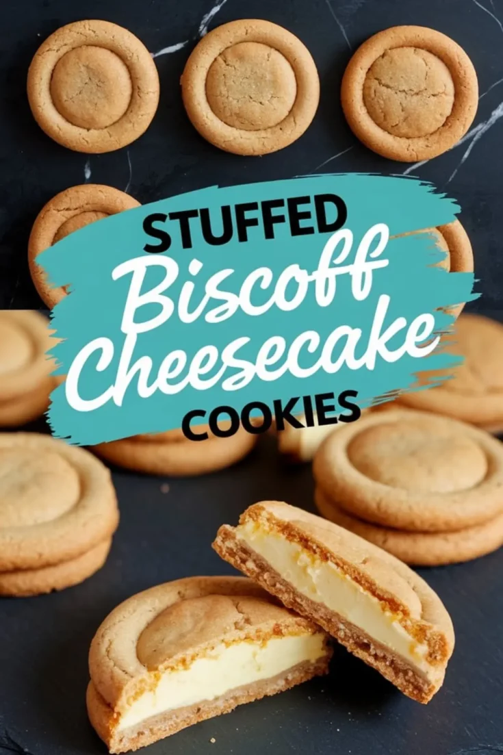 Close-up of stuffed Biscoff cheesecake cookies arranged on a dark slate surface, with one cookie cut open to reveal a creamy cheesecake filling inside a golden brown cookie shell.