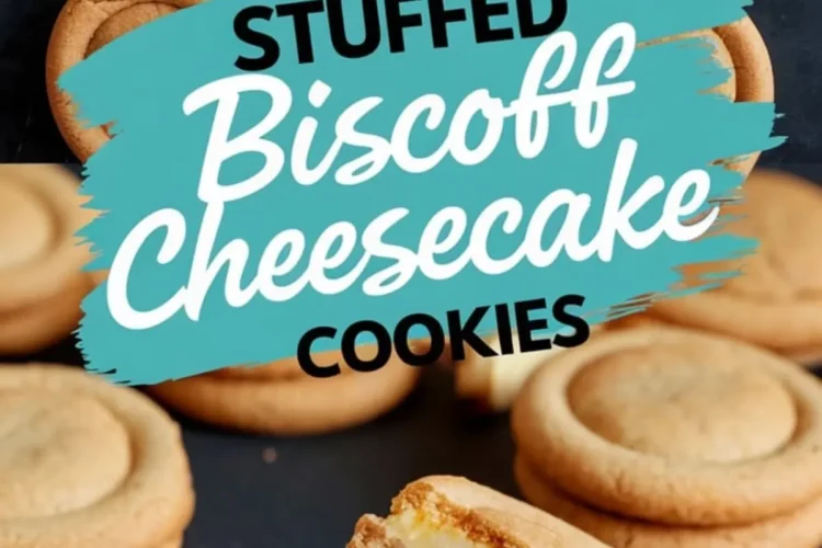 Close-up of stuffed Biscoff cheesecake cookies arranged on a dark slate surface, with one cookie cut open to reveal a creamy cheesecake filling inside a golden brown cookie shell.