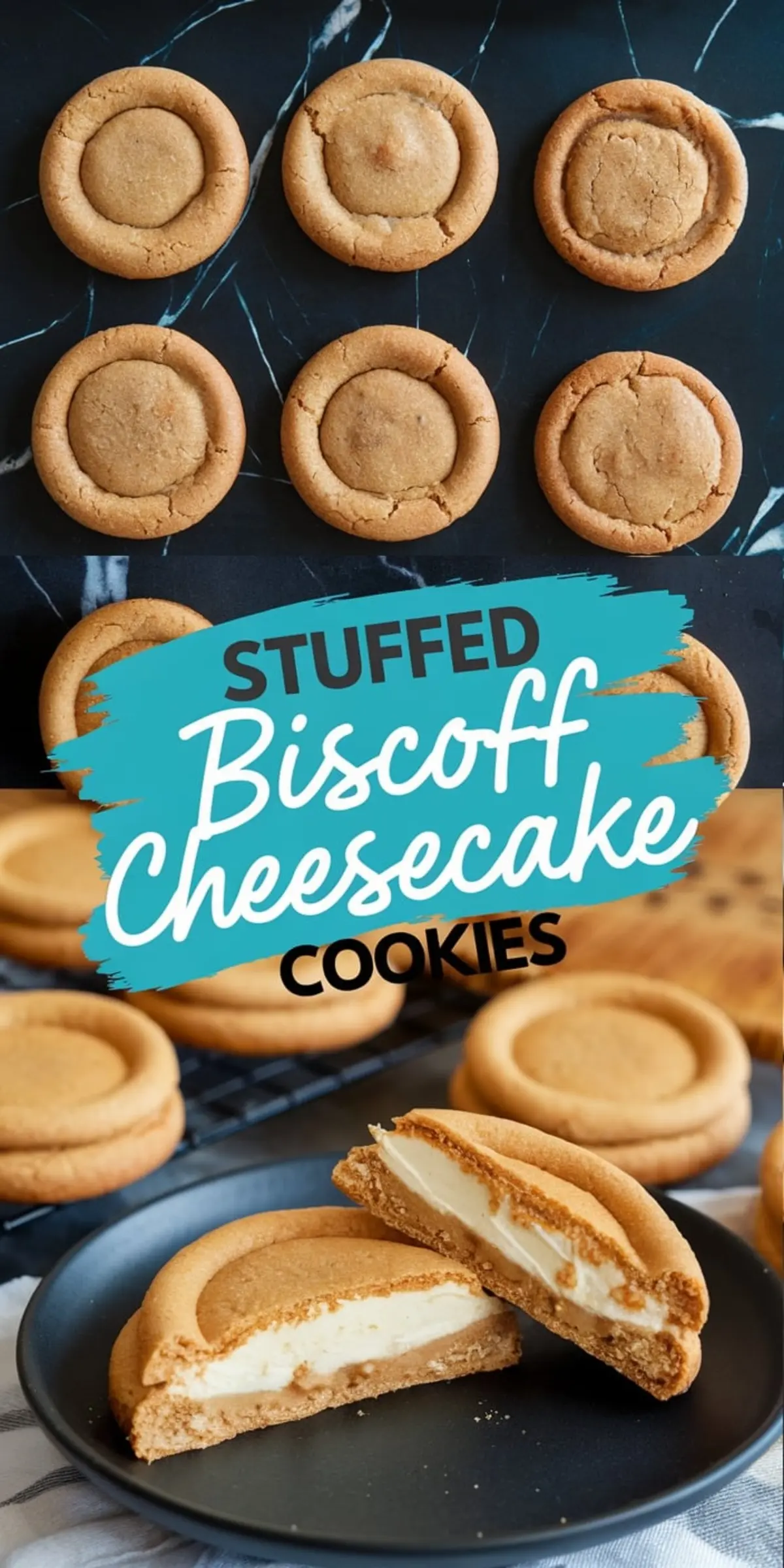 Vertical collage showing stuffed Biscoff cheesecake cookies from a top view and a close-up on a plate with a sliced cookie showcasing a thick cheesecake center encased in a soft Biscoff cookie layer.