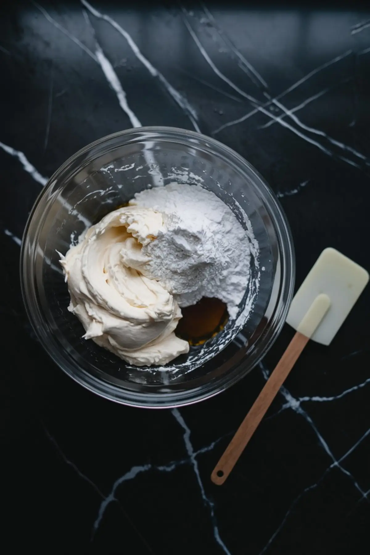 Glass mixing bowl filled with softened cream cheese, powdered sugar, and vanilla extract, placed on a black marble countertop with a silicone spatula on the side.