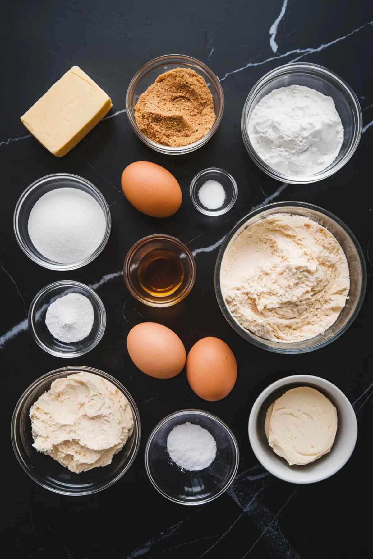 Flat lay of Biscoff cheesecake cookie ingredients including cream cheese, butter, eggs, granulated sugar, brown sugar, flour, baking soda, baking powder, salt, and vanilla extract arranged on a dark marble surface.