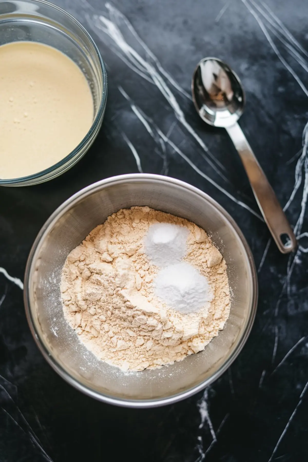 Overhead view of a mixing bowl containing dry ingredients including flour, baking soda, and baking powder, next to a separate bowl with a light beige liquid batter and a stainless steel spoon.
