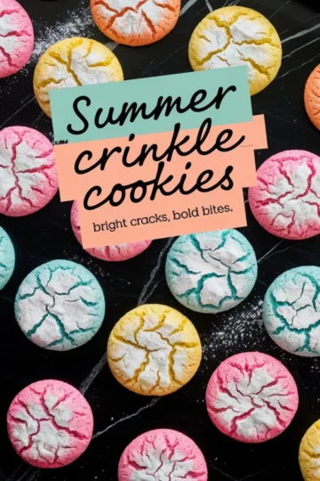 Colorful crinkle cookies scattered on a black marble surface, featuring vibrant pink, yellow, teal, and orange shades with powdered sugar cracks and bold text overlay reading “Summer crinkle cookies – bright cracks, bold bites.”