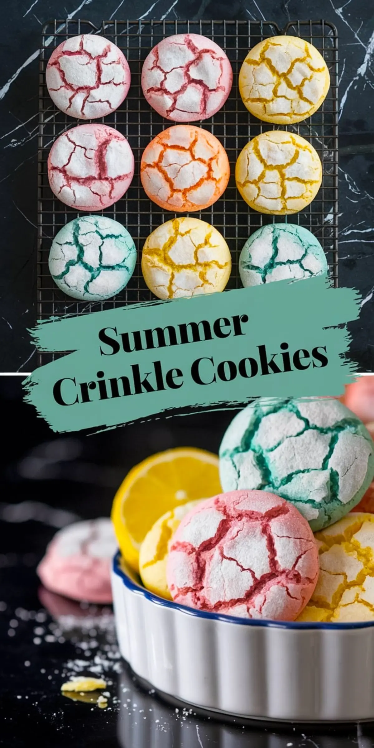 Top image shows a 3x3 grid of red, orange, yellow, green, and blue crinkle cookies on a cooling rack; bottom image features a white dish filled with stacked cookies and lemon slices, showcasing cracked powdered tops in pastel hues.