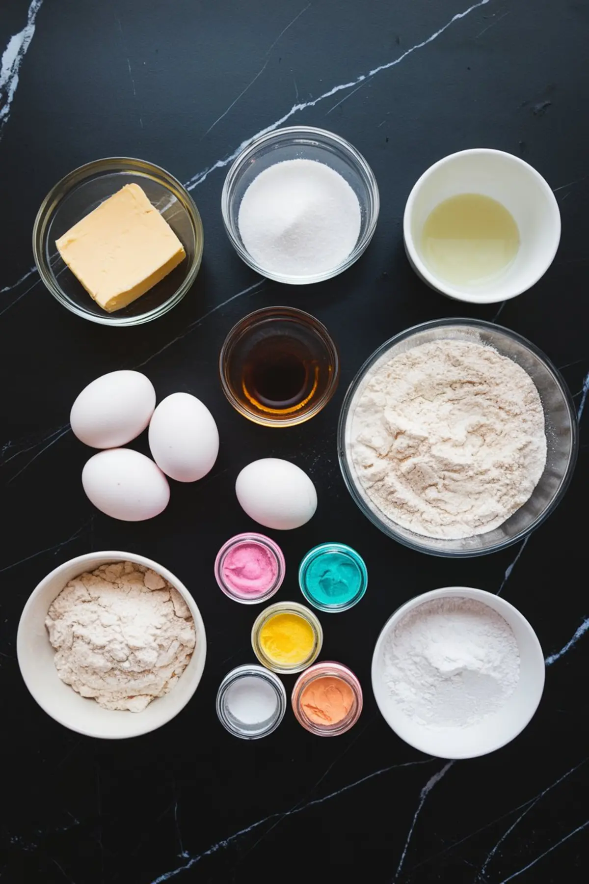 Flat lay of ingredients for baking cookies on a black countertop, including eggs, flour, butter, sugar, vanilla extract, oil, powdered sugar, and small jars of pink, yellow, turquoise, and orange gel food coloring.
