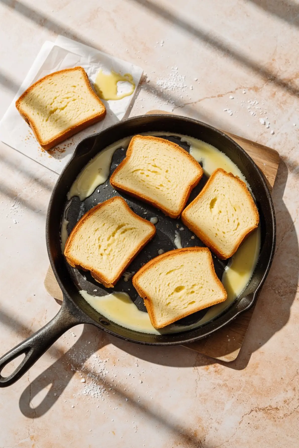 Pound cake slices toasting in melted butter in a black cast iron skillet under natural sunlight. The golden edges and rustic backdrop create a cozy visual perfect for baked dessert content and southern-style cooking.