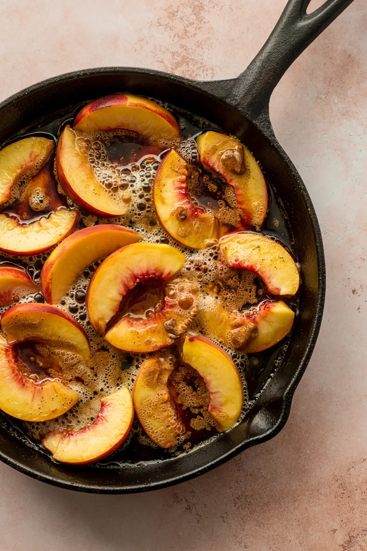 Peach slices cooking in a cast iron skillet with bubbling brown sugar and syrup. The image captures the caramelizing process with rich colors and texture, ideal for showcasing skillet desserts and peach sauce preparation.