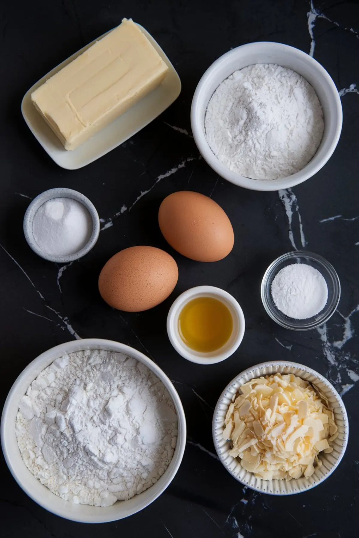 Flat lay of baking ingredients on a black marble surface. Includes a stick of butter, white sugar, flour, baking powder, baking soda, salt, shredded coconut, eggs, and vanilla extract, arranged neatly in ceramic bowls for a cookie recipe preparation.