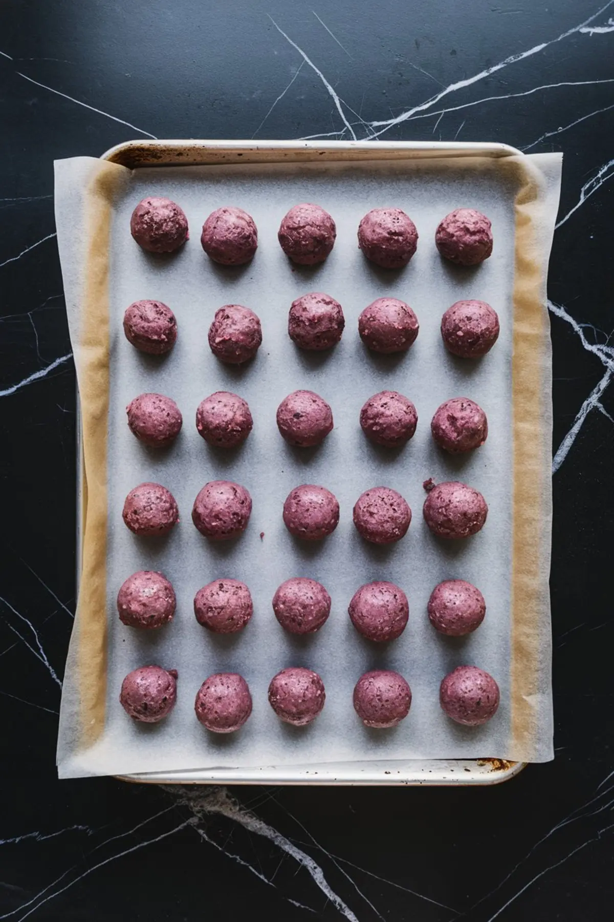 Baking tray lined with parchment paper holding uniform purple cookie dough balls. The dough is prepped and ready for baking, evenly spaced to ensure even spreading during the baking process.
