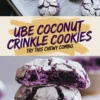 Top and side view of ube coconut crinkle cookies. The cookies have a powdered sugar coating with deep purple cracks and a chewy inside, styled on baking paper and neutral ceramic plates for a cozy dessert visual.