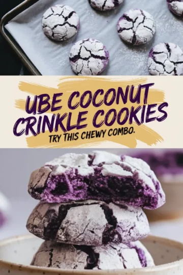 Top and side view of ube coconut crinkle cookies. The cookies have a powdered sugar coating with deep purple cracks and a chewy inside, styled on baking paper and neutral ceramic plates for a cozy dessert visual.