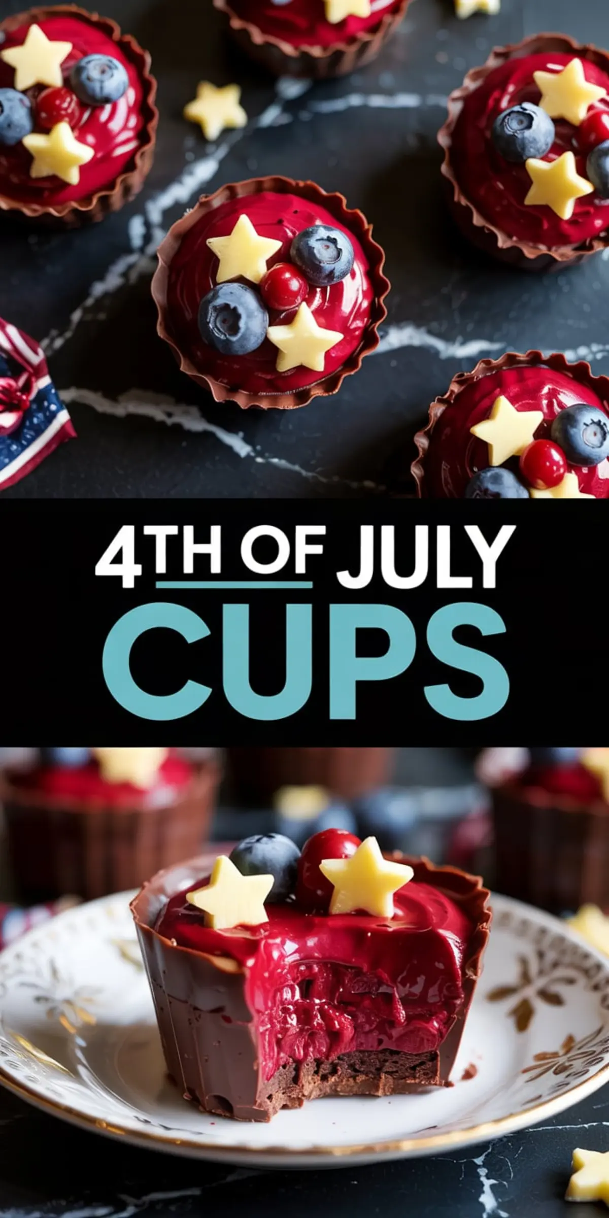 Collage showing top view of 4th of July chocolate mousse cups decorated with blueberries and white chocolate stars, and a close-up of a bitten cup on a floral porcelain plate.