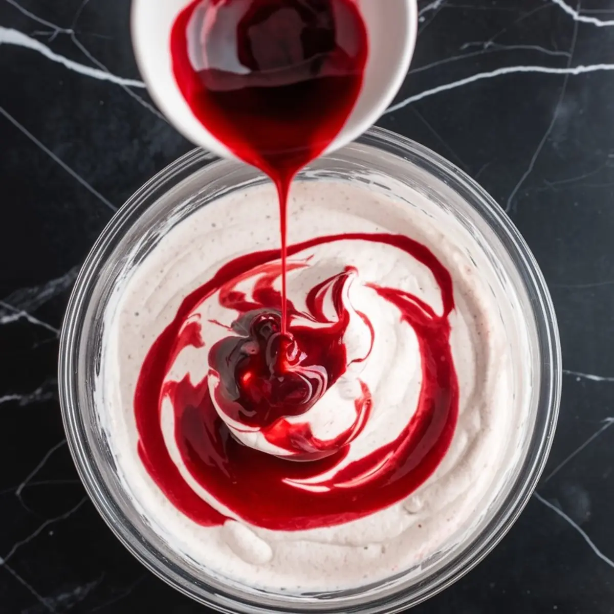 Bright red sauce being poured from a small white cup into a bowl of whipped cream, creating a vivid swirling pattern on a black marble surface.