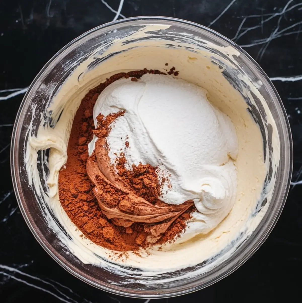 Bowl containing whipped cream, cocoa powder, and chocolate ganache partially mixed together on a black marble surface.