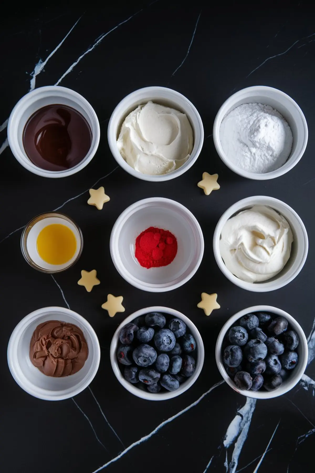 Flat lay of white bowls filled with chocolate, whipped cream, powdered sugar, blueberry, red powder, and a yellow liquid, surrounded by white chocolate stars on black marble.