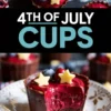Collage showing 4th of July themed chocolate cups with red velvet mousse, topped with blueberries and white chocolate stars, and a close-up of a bitten cup on a floral porcelain plate.