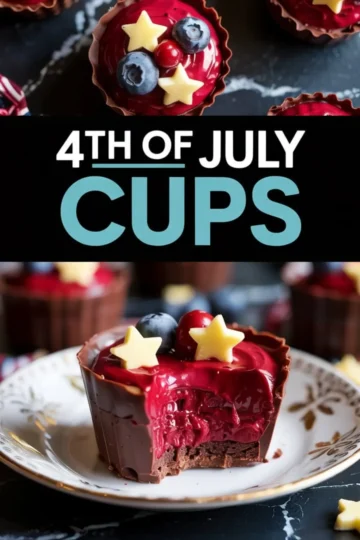 Collage showing 4th of July themed chocolate cups with red velvet mousse, topped with blueberries and white chocolate stars, and a close-up of a bitten cup on a floral porcelain plate.