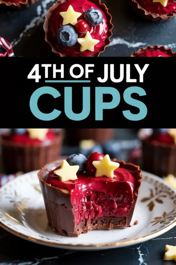 Collage showing 4th of July themed chocolate cups with red velvet mousse, topped with blueberries and white chocolate stars, and a close-up of a bitten cup on a floral porcelain plate.
