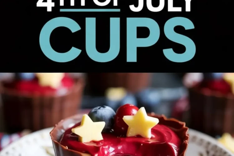 Collage showing 4th of July themed chocolate cups with red velvet mousse, topped with blueberries and white chocolate stars, and a close-up of a bitten cup on a floral porcelain plate.