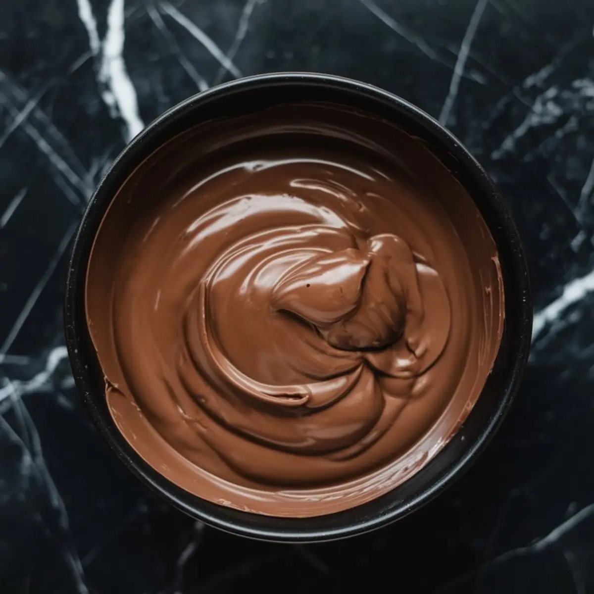 Bowl of smooth, melted milk chocolate with swirling texture, placed on a black marble countertop.