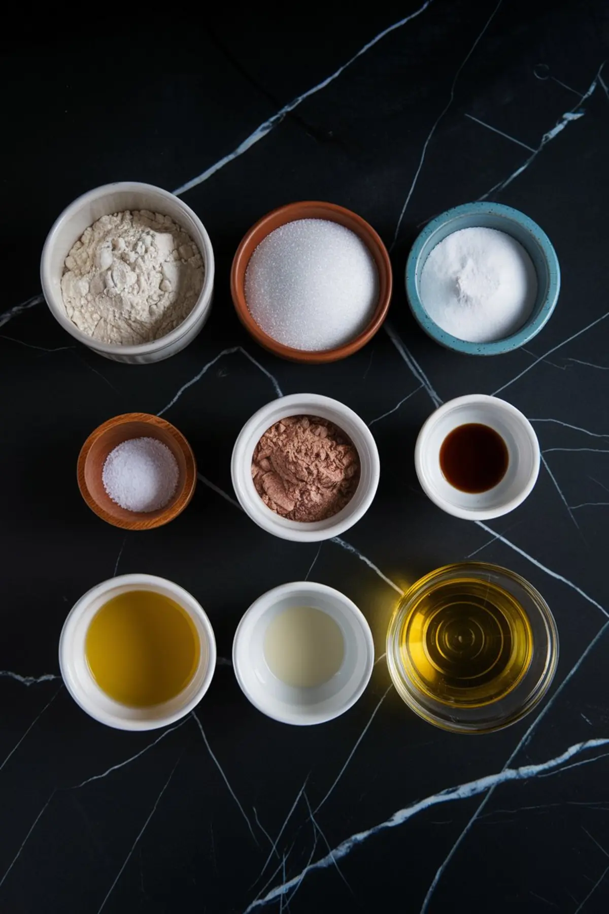 Flat lay of small bowls holding ingredients for wacky cake including flour, sugar, baking soda, salt, cocoa powder, vanilla extract, vinegar, vegetable oil, and water arranged on a black marble surface.