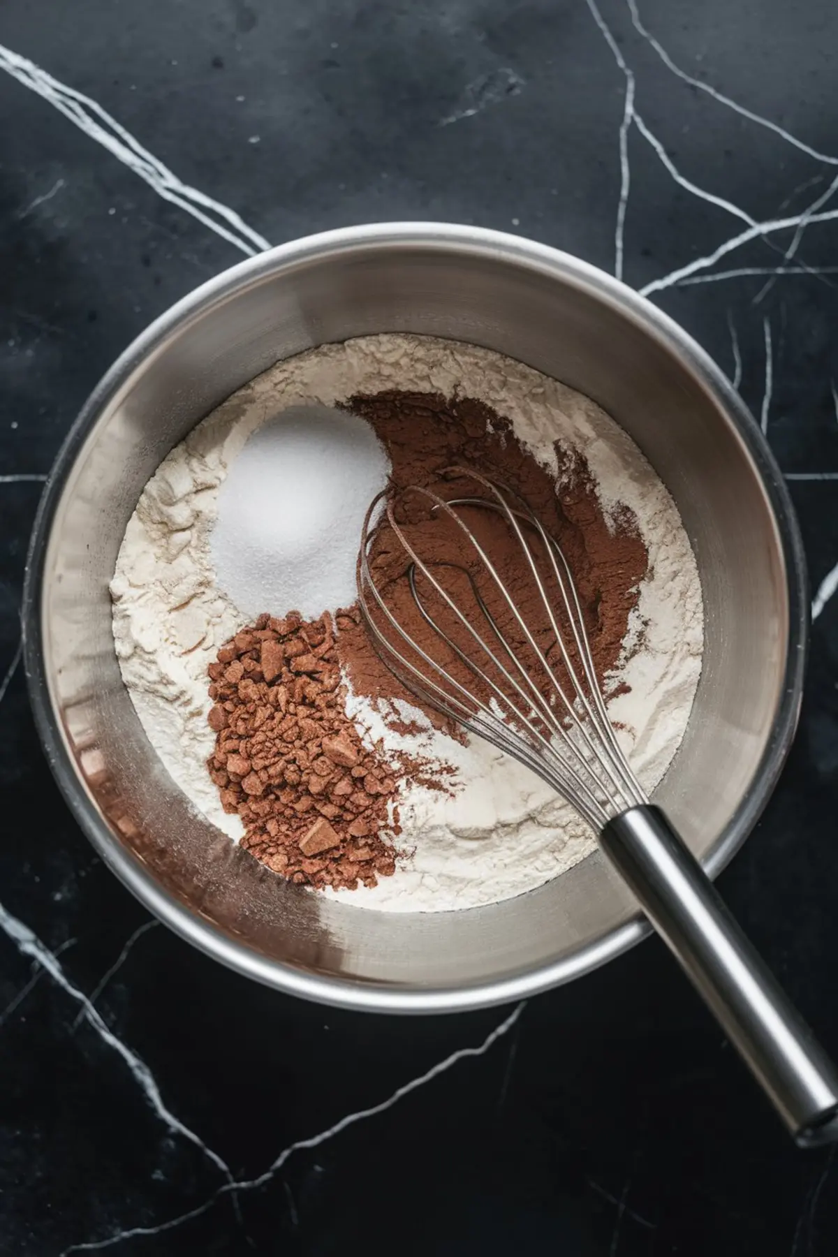 Overhead view of dry baking ingredients including flour, sugar, cocoa powder, and instant coffee granules in a large stainless steel mixing bowl with a metal whisk resting inside.

