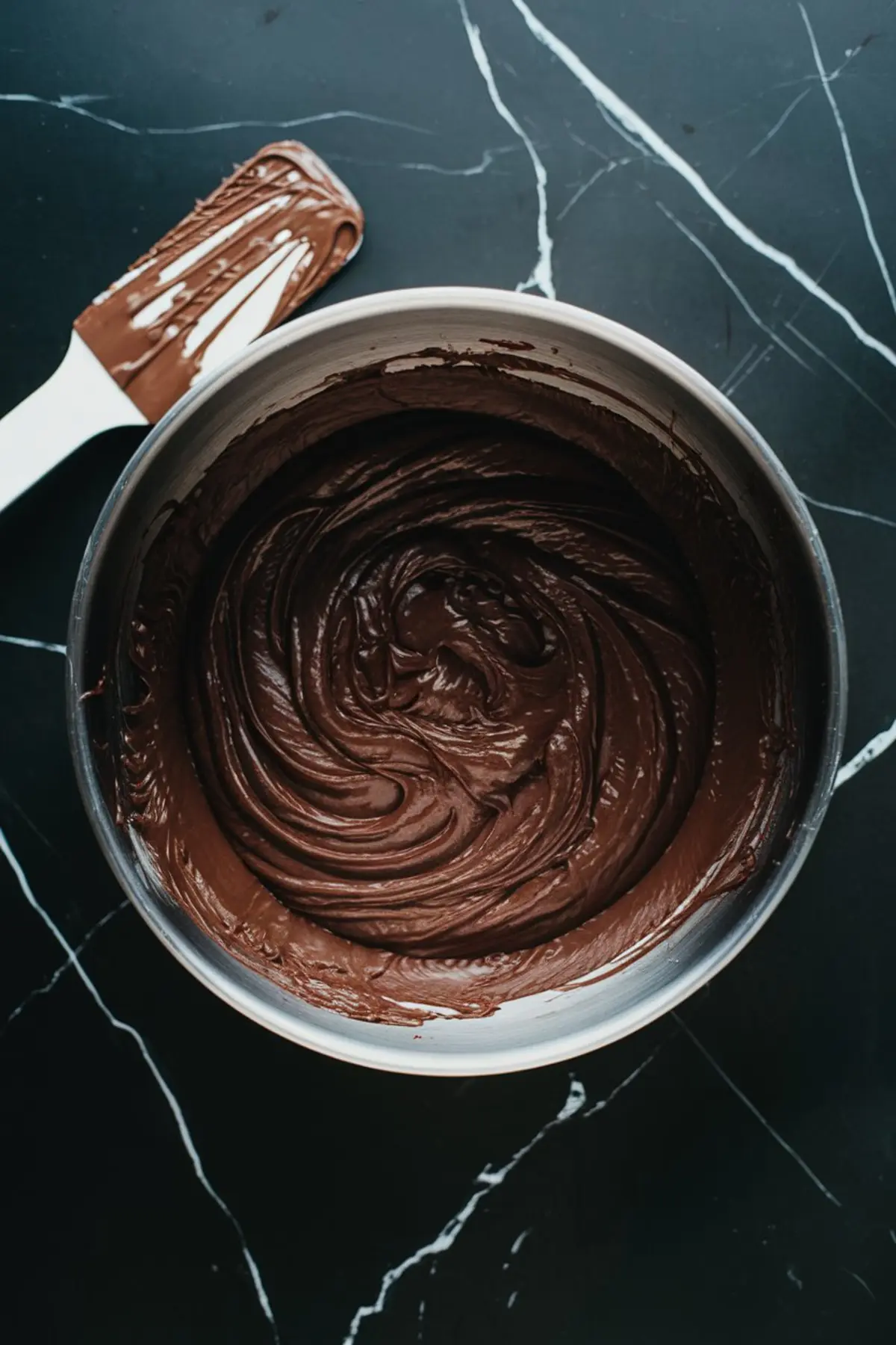 Top view of a stainless steel bowl filled with freshly mixed chocolate cake batter with rich swirls, accompanied by a chocolate-smeared spatula on a black marble surface.
